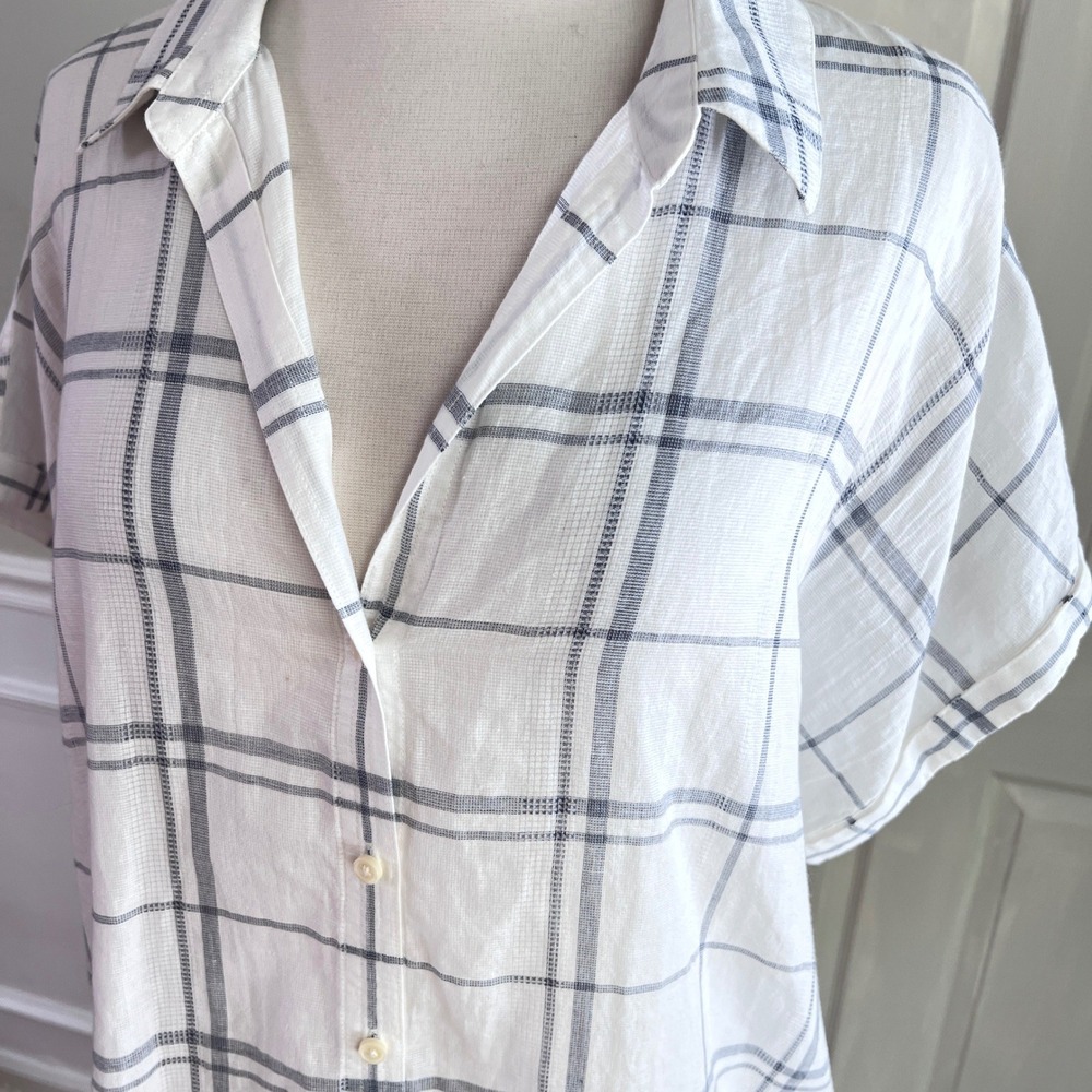 Patagonia Button Down Shirt Large Women Plaid Cotton Hemp White Blue Gorpcore